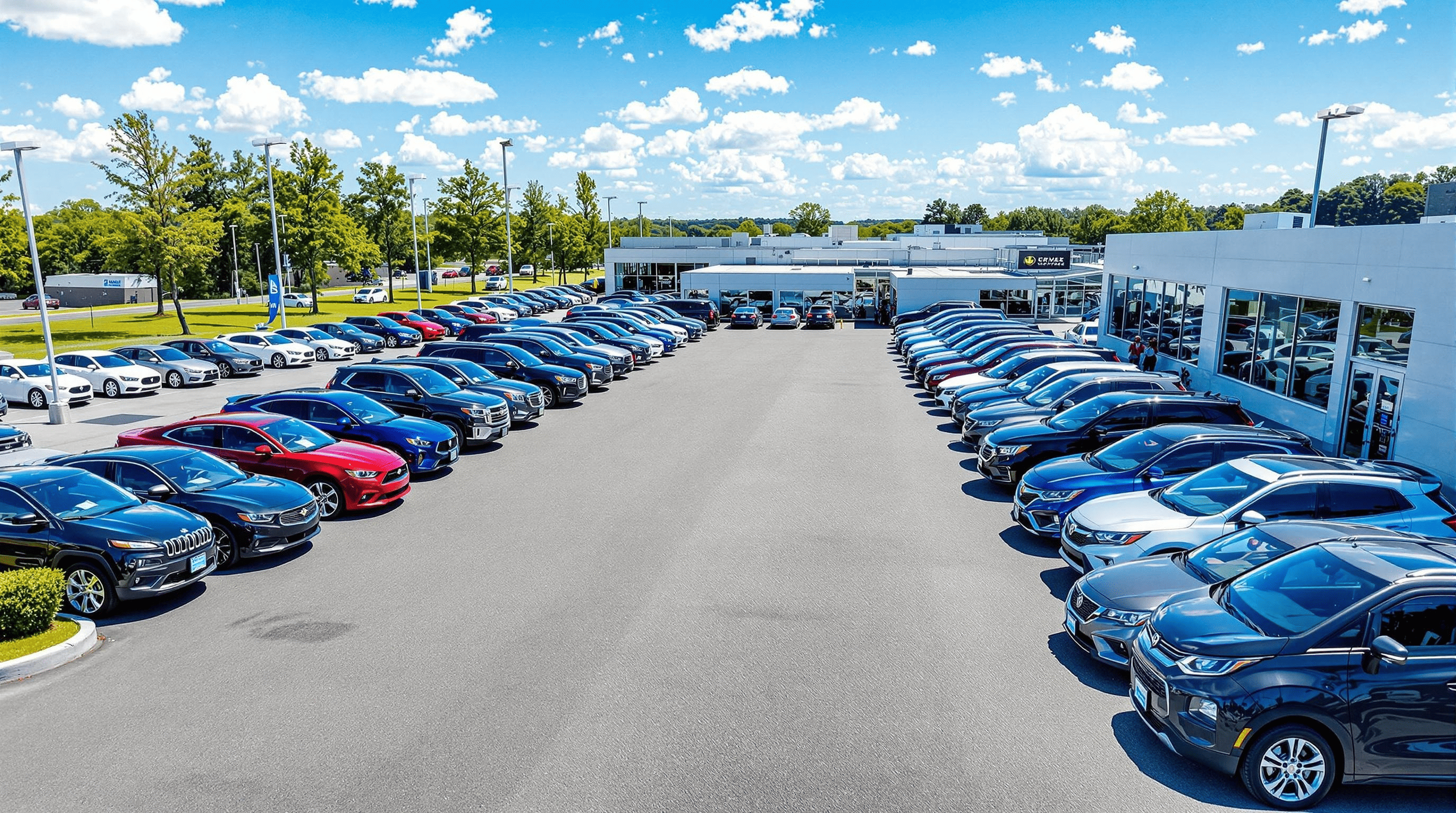 Vue extrieure du garage automobile d'un mandataire auto avec beaucoup de voitures
